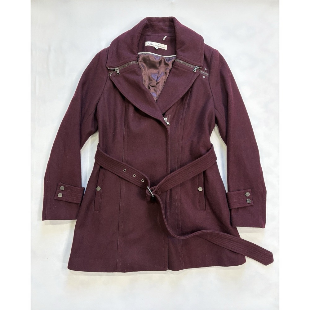 Kenneth Cole Wool Blend Belted Coat Burgundy Moto Zip Jacket Size 12 Women's